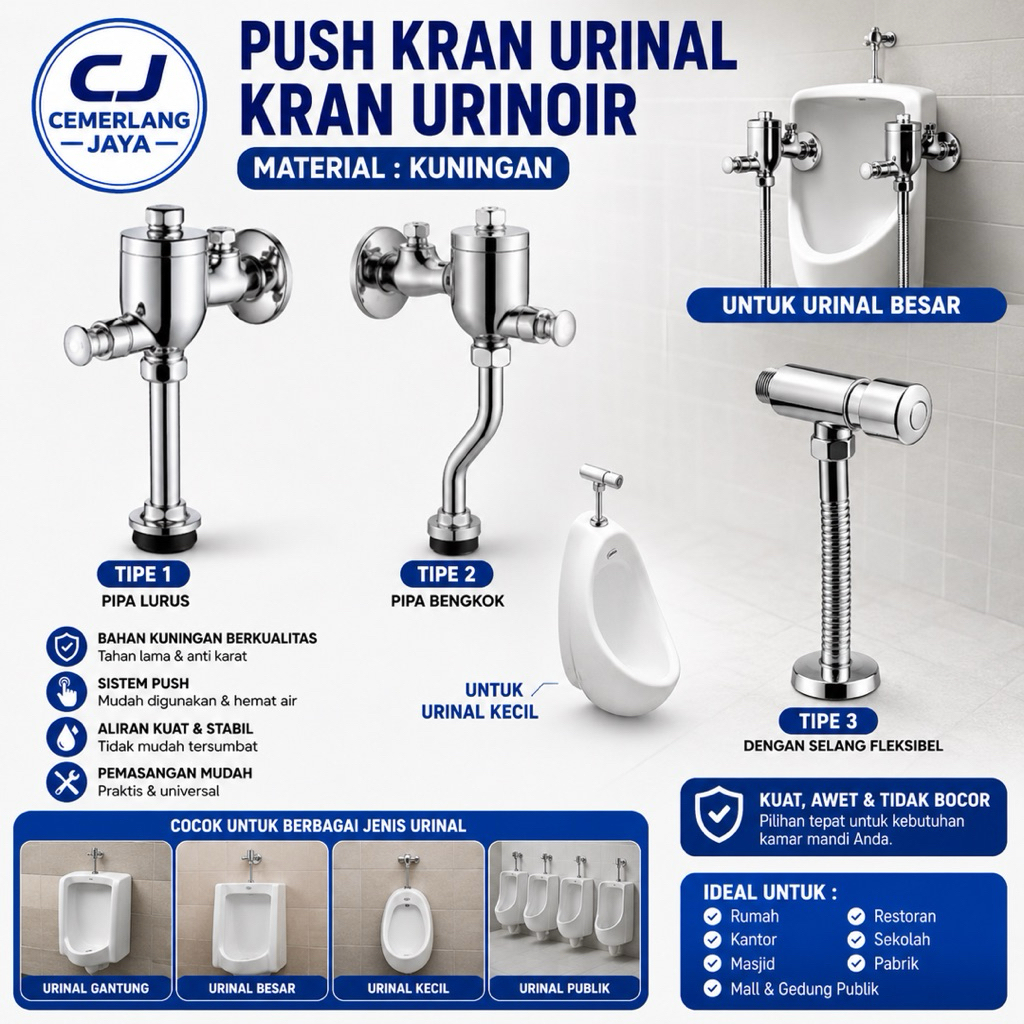CJ | Push Kran Urinal Urinoir Besar Kuningan | Kran Kencing Tempat Kencing Bengkok & Lurus