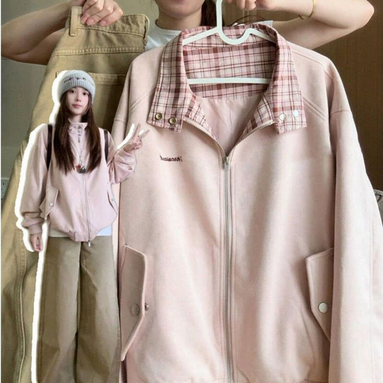Jaket Wanita Pink 2026 Baru Musim Semi Gugur Oversize Kombinasi Kotak Kerah Faux Suede Gaya Korea Ma