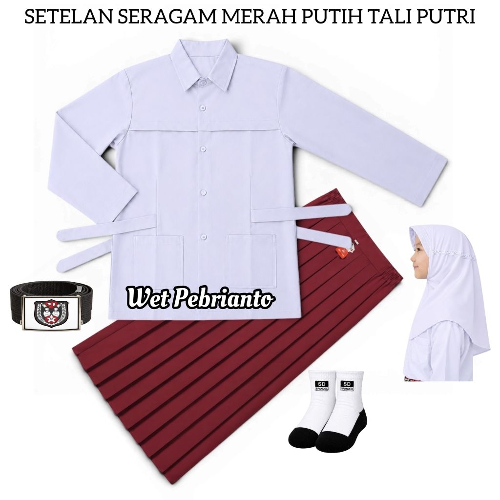Setelan Seragam Merah Putih Polos SD/MI Baju Putih Tali Polos Panjang Rok Merah Panjang