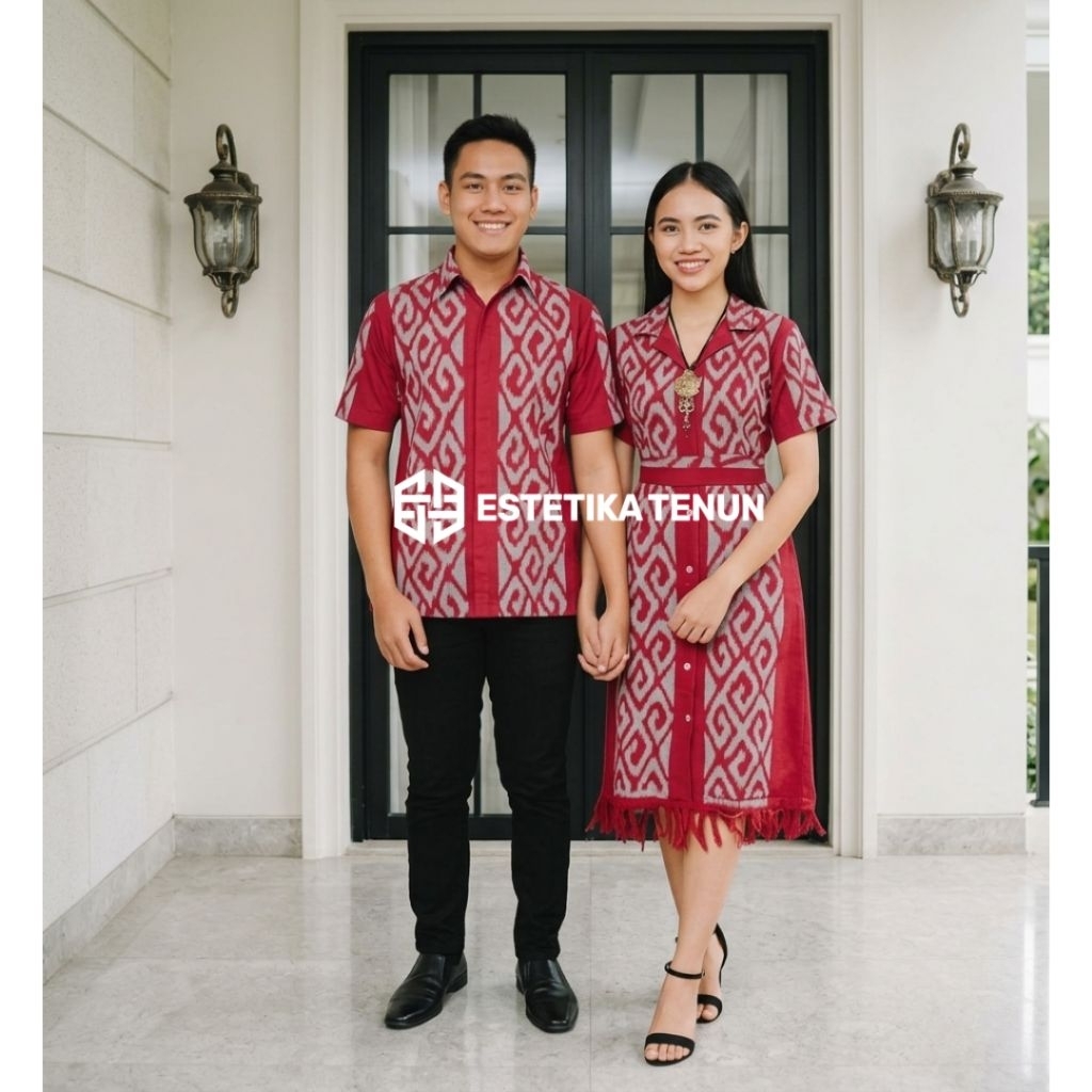 SET COUPLE DRESS TENUN ETNIK TORAJA MERAH - BAJU NATAL PASANGAN TENUN - DRESS TENUN TROSO NATAL - DR