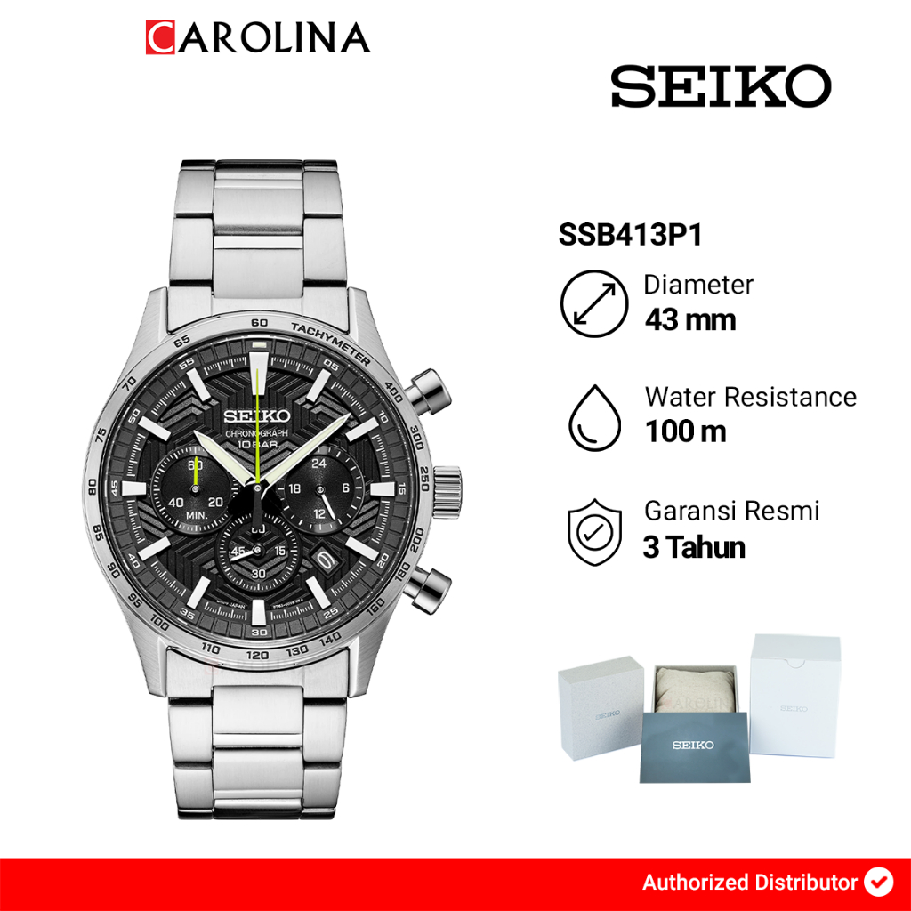 Jam Tangan Pria SEIKO Chronograph SSB413P1 Discover More Black Dial Stainless Steel Strap