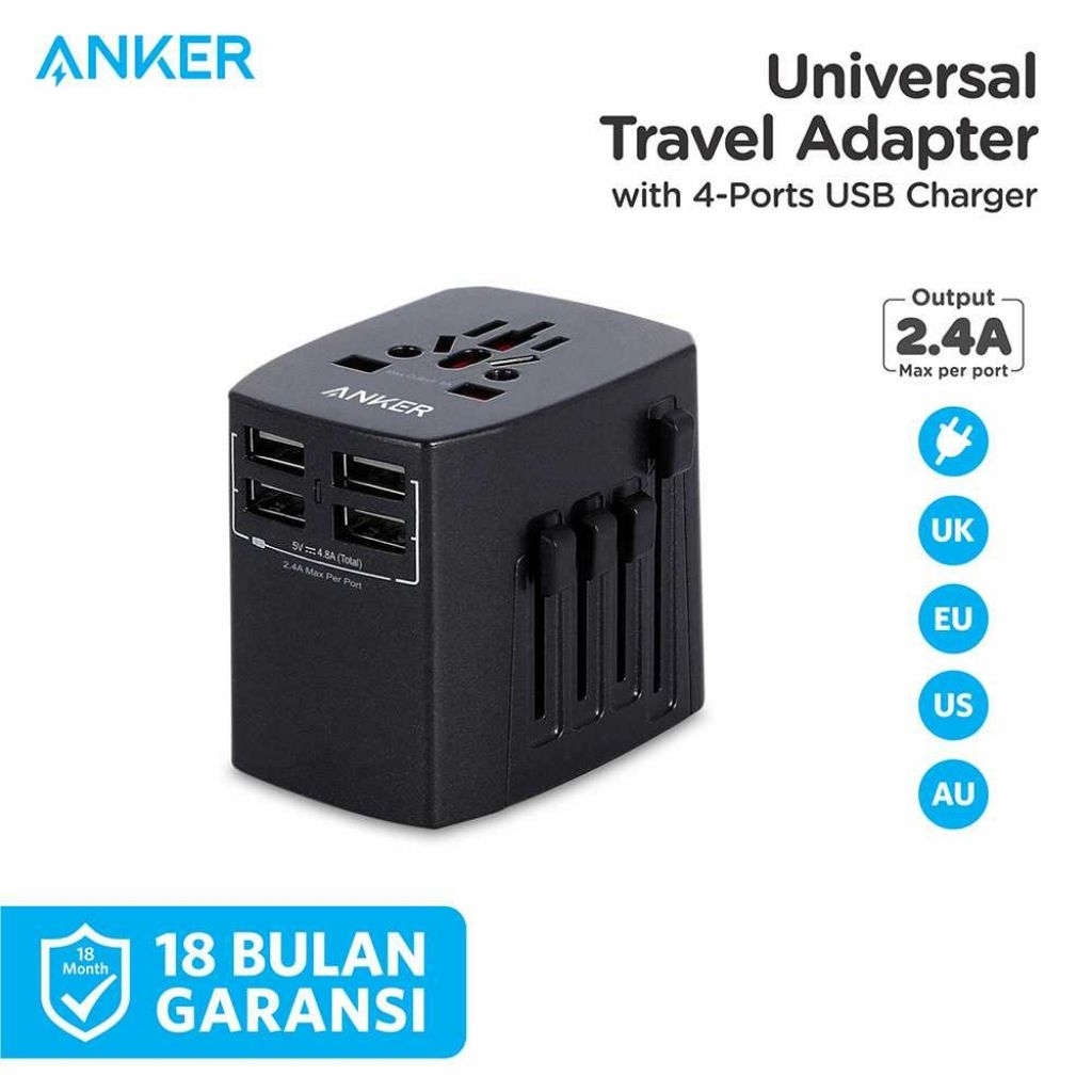 Wall Charger Anker Universal Travel Adaptor Black - A2730