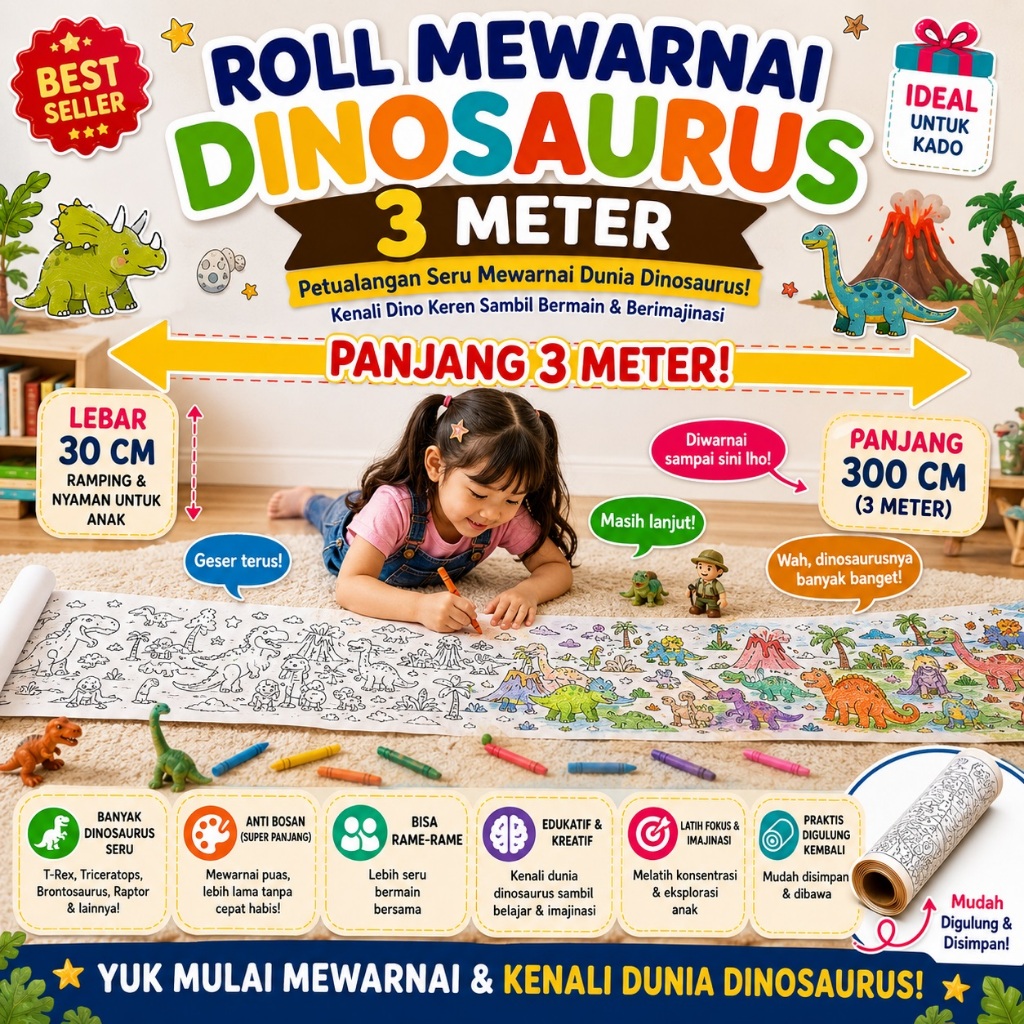DSG - (Motif DINOSAURUS) Roll Kertas Mewarnai Anak 3 Meter x 30 Cm Mudah Digulung/Kertas Mewarnai Ju