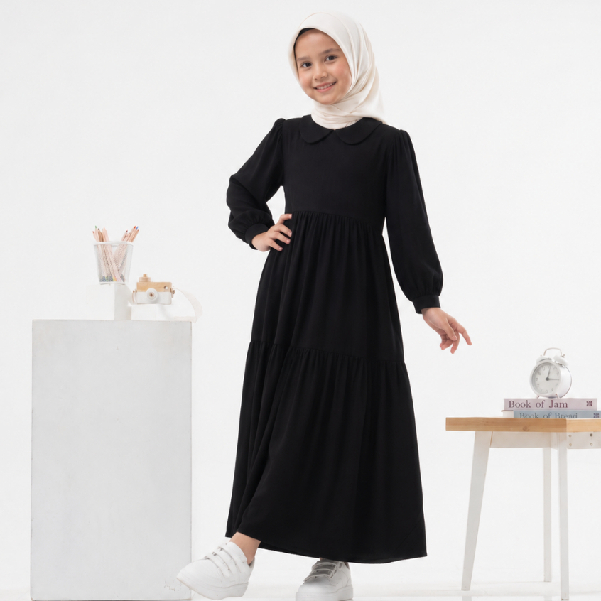 Gamis Anak Hitam Polos Kain Katun rayon Twill Tebal Adem Gamis Anak Tanggung Warna Hitam KoreanStyle