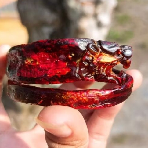 Gelang Akar Bahar Merah Ukir Macan maung Asli