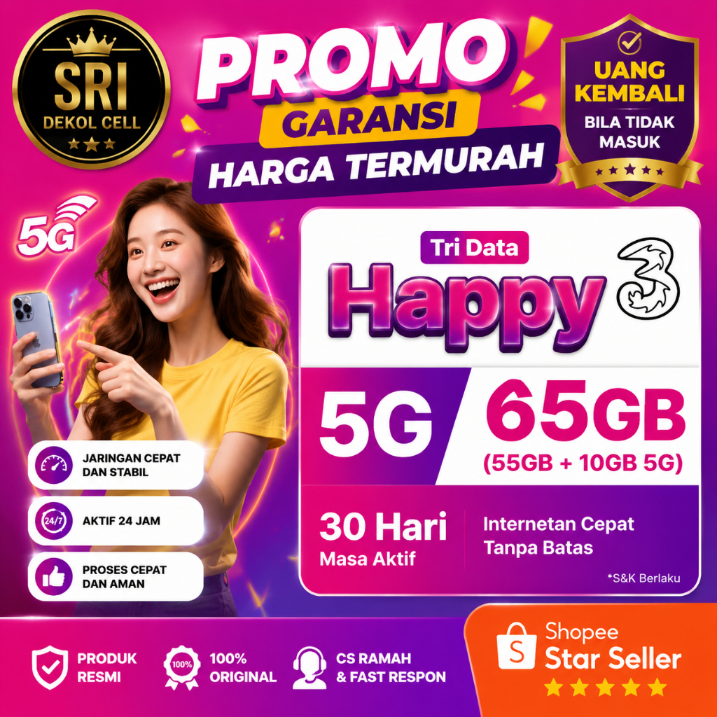 Kuota Tri 65GB 30 Hari (55GB+10GB 5G) | Paket Happy 3 Murah Terlaris | Internet TRI Full Cepat Resmi
