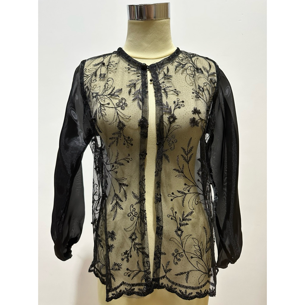 NEW Outer Kondangan Wanita Organza Lengan Panjang Motif Brokat Bunga Payet Hitam