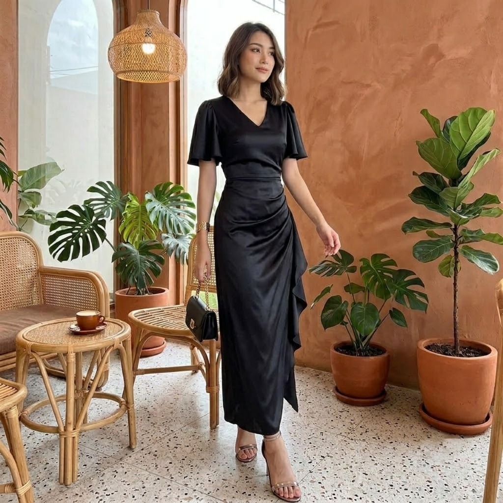 Zeizz Dress Wanita Rempel Gaun Pesta Gereja Natal Dress Panjang Satin Polos Hitam V Neck K106