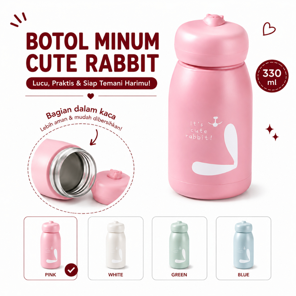Botol Minum Kaca 330ml Anti Bocor Kaca Lucu Botol Minum Anak dan Dewasa Cute Rabbit