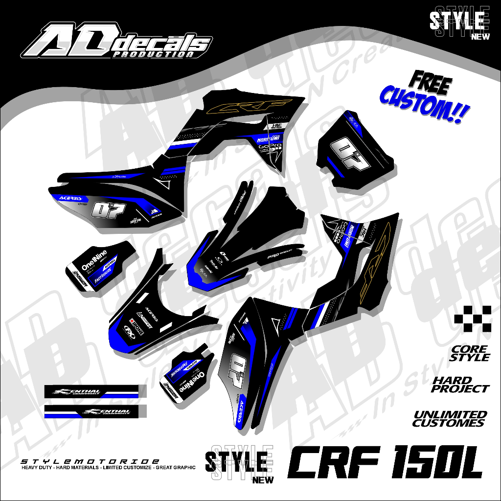 DECAL CRF 150 L DESAIN  HITAM KOMBINASI GRADASI BIRU KEREN BEBAS RIQUES