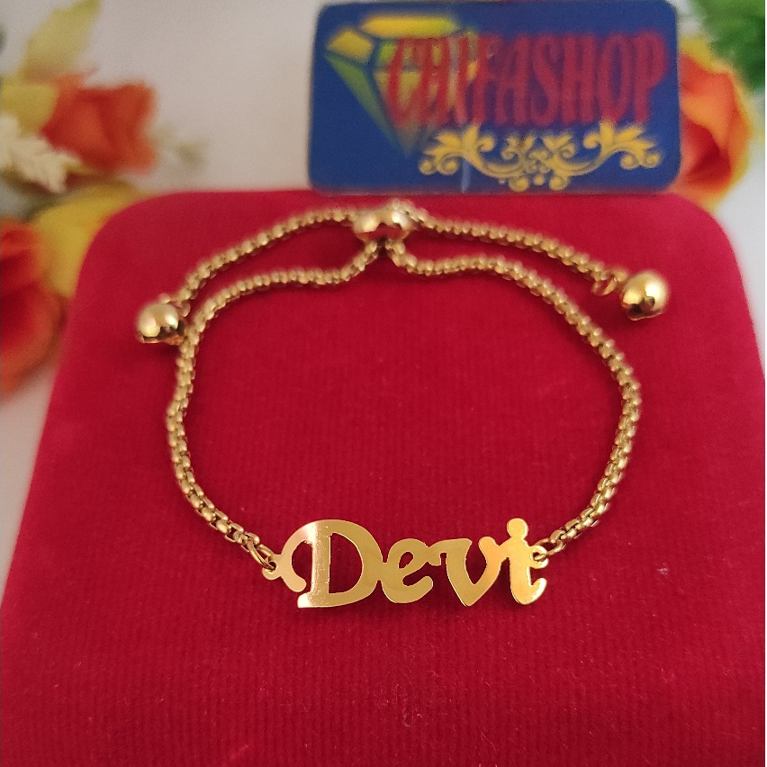 Gelang serut ukir nama Titanium anti karat lapis emas