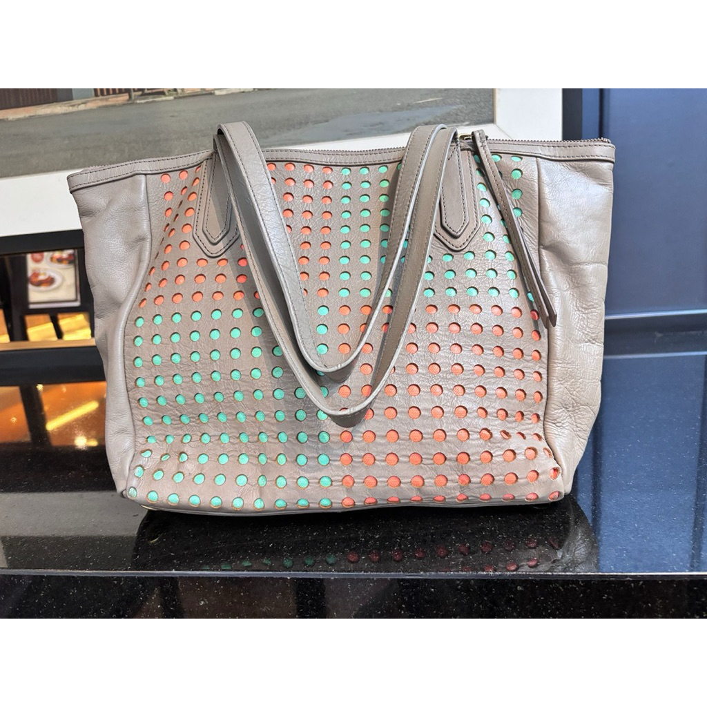 Tas Preloved Fossil Tote Bag Kulit Wanita Original Shoulder Bag Vintage Casual Grey Perforated