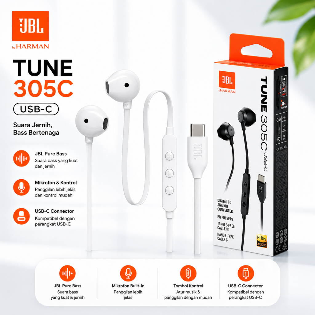 JBL TUNE 305C Type-C Original by Harman – Earphone Berkualitas Suara Jernih & Bass Mantap