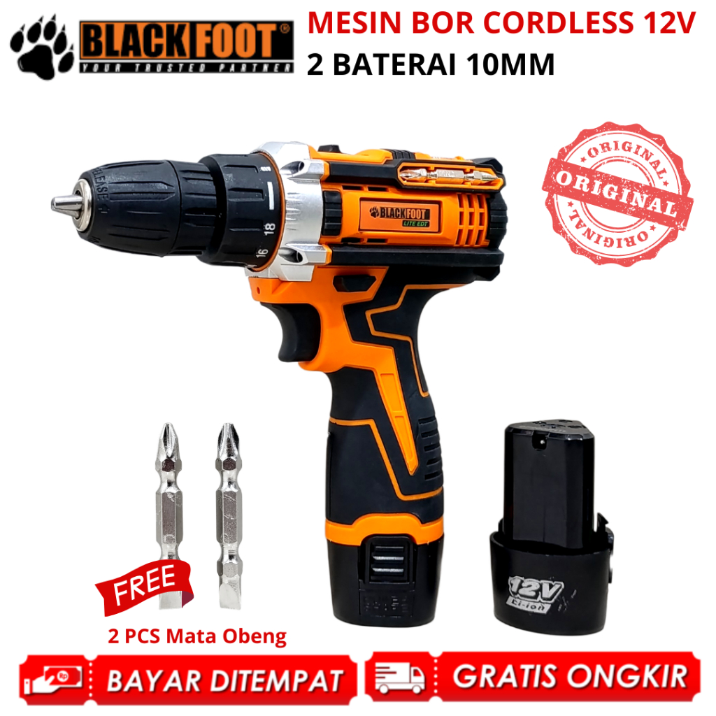 Mesin Bor Cordless 2 Baterai 12V 10mm BLACKFOOT Hand Drill Tanpa Kabel Bor Cas Besi Kayu Tembok