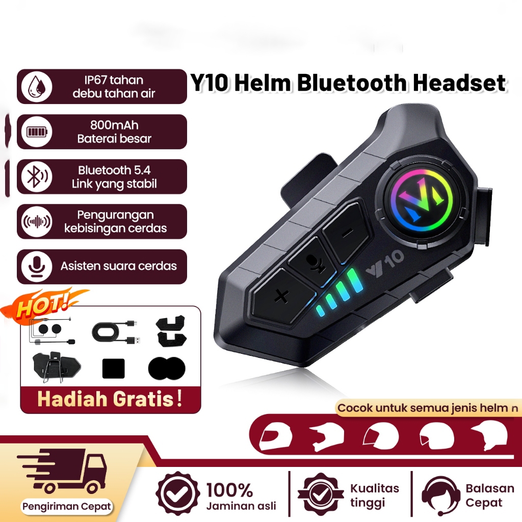 Intercom Y10 Headset Bluetooth 5.3 Dua Arah Helm Sepeda Motor Bluetooth Hands Kit IPX6 Tahan Air
