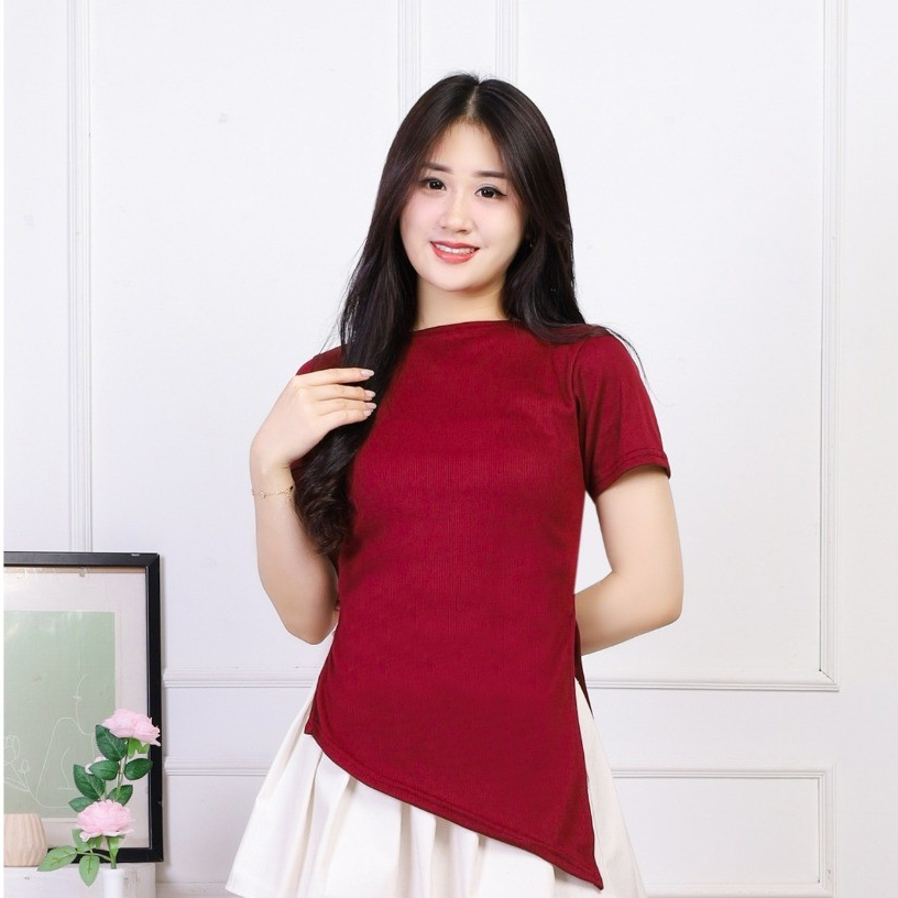 Luisa Atasan Wanita Korean Style Asimetris Rib Knit Premium / Kaos Rajut Lengan Pendek Kekinian