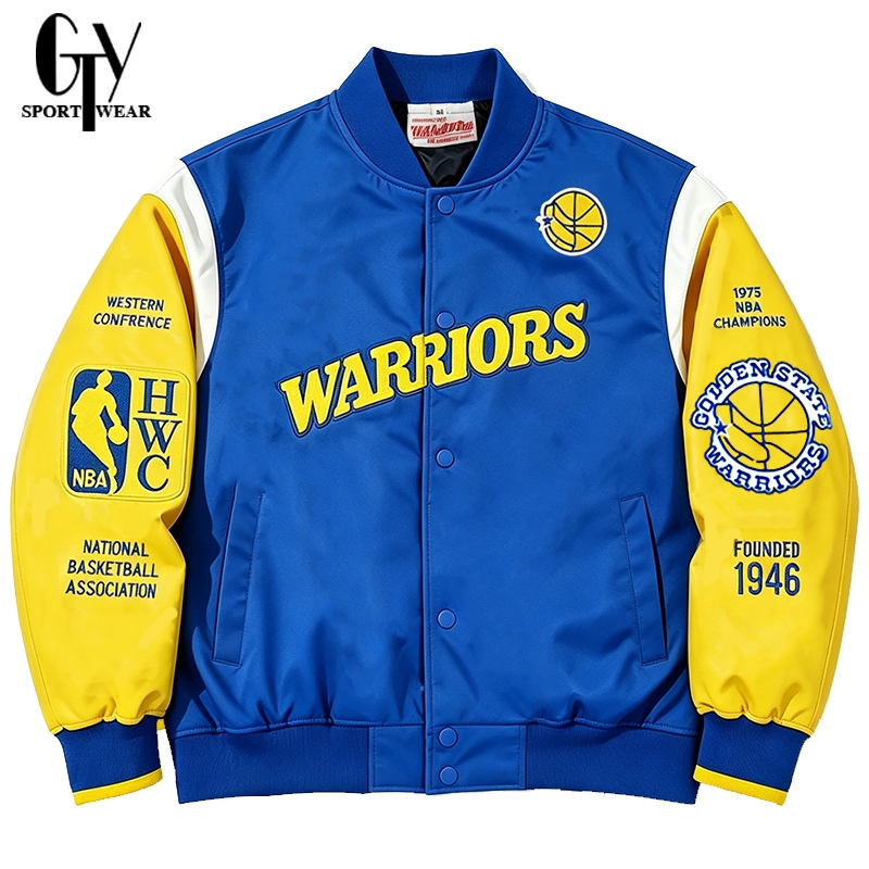 GTY NBA Warriors Jaket Varsity Baseball Pria Full Bordir Premium Windbreaker Jacket Dengan Kancing K