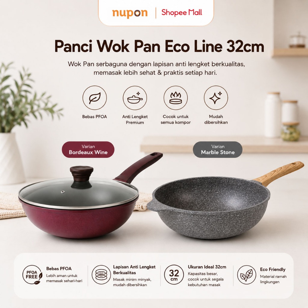 NUPON - Panci Wok Pan Wajan 32 CM Anti Lengket PFOA Free Bordeaux Wine