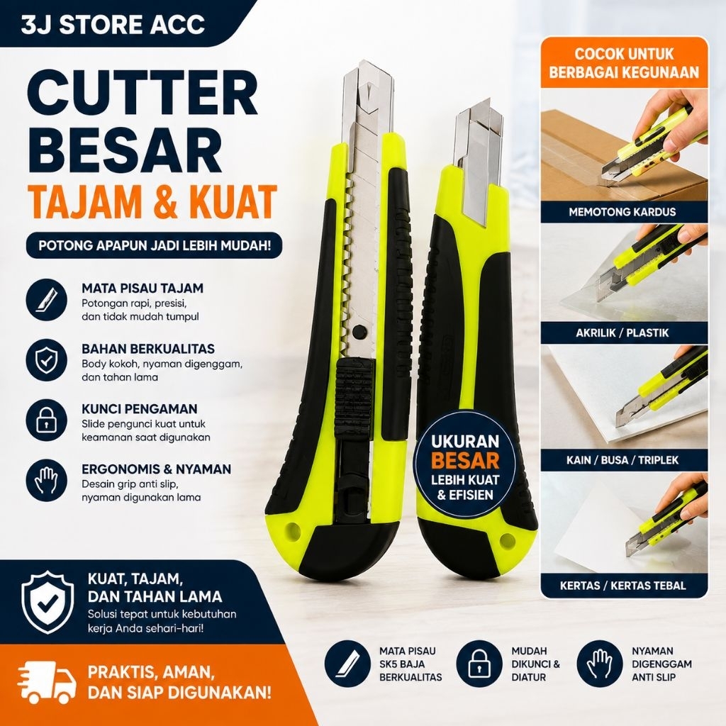 Cutter Besar + Isi Pisau Cadangan Set Cutter Knife Heavy Duty Tajam Serbaguna