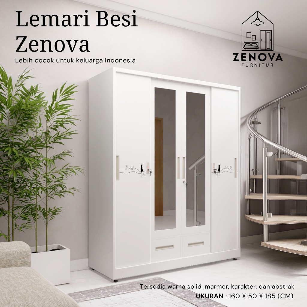 ZENOVA Official Lemari Pakaian Besi 160 Cm 4 Pintu Sliding Swing 1 Hanger 2 Laci Cermin Minimalis