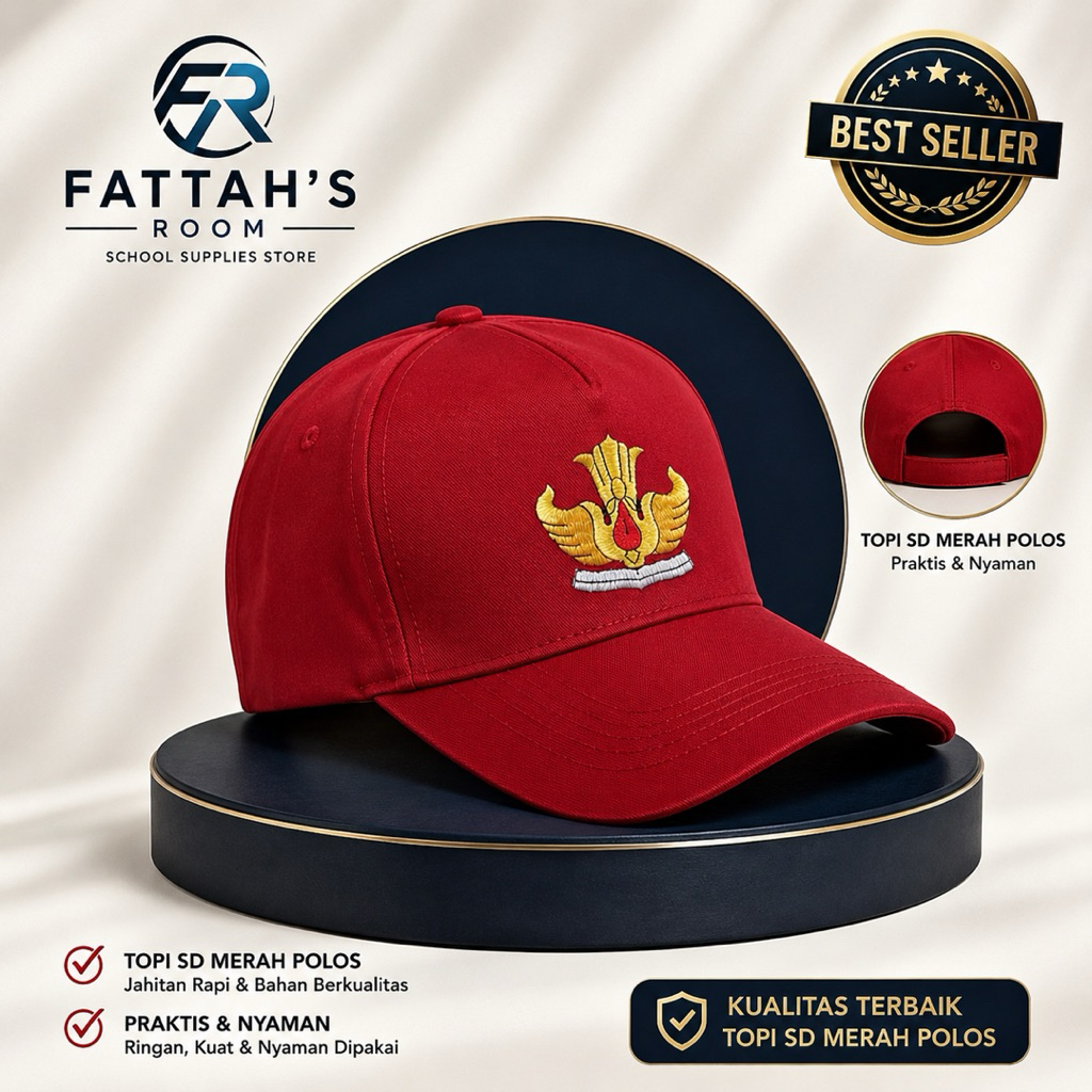 Topi SD Merah Polos Bordir Logo – Topi Sekolah SD Merah Putih Velcro Perekat