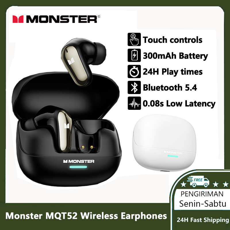 Monster MQT52 TWS Bluetooth 5.4 Earphone Wireless Dolby Atmos Bass HD Call AI Noise Cancelling Gamin