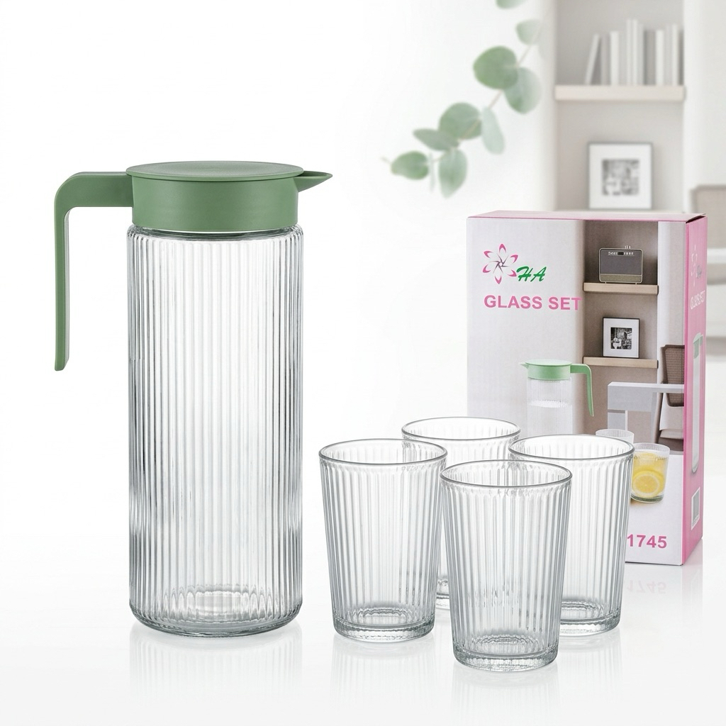 [SET] TEKO PITCHER SET KACA (1 Teko + 4 Gelas) / Teko Set Kaca 5 In 1