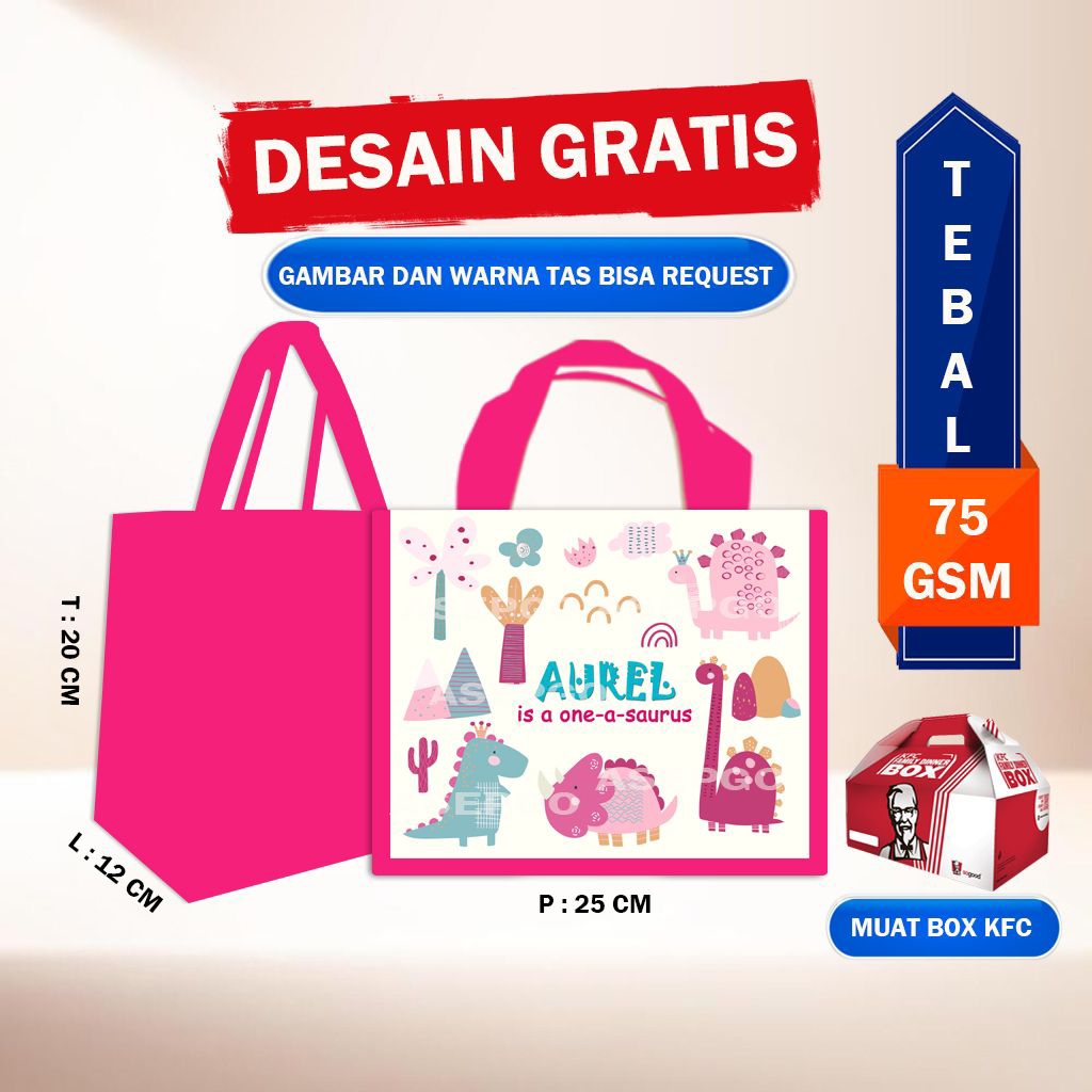 goodie bag ultah dino pink terlaris/tas ultah model tenteng dino