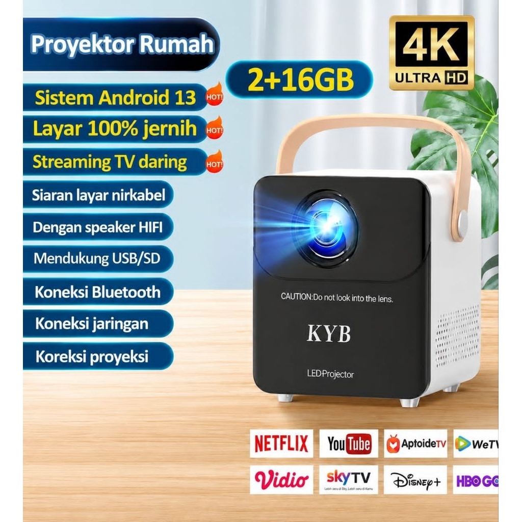 KYB T2 LED Proyektor Mini Smart, Proyektor Android TV 4K HD Portable