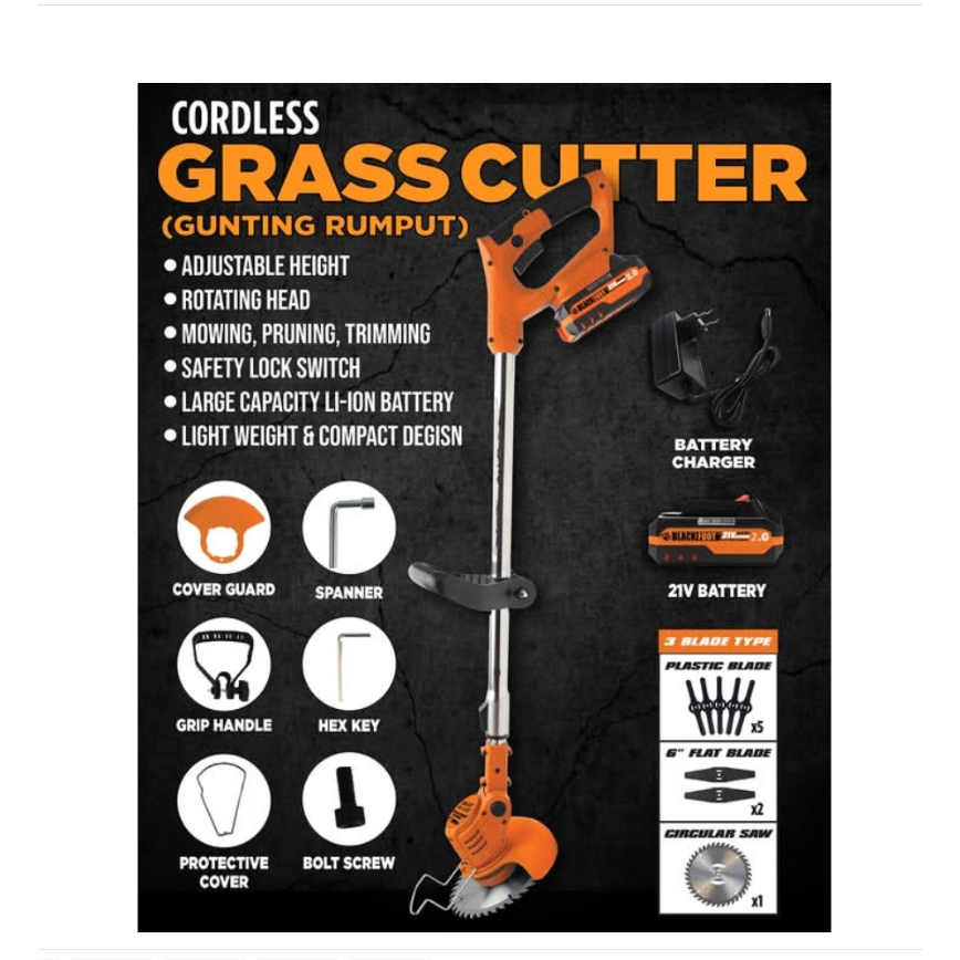 BLACKFOOT CORDLESS GRASS CUTTER / MESIN PEMOTONG RUMPUT BATERAI CORDLESS BLACK FOOT