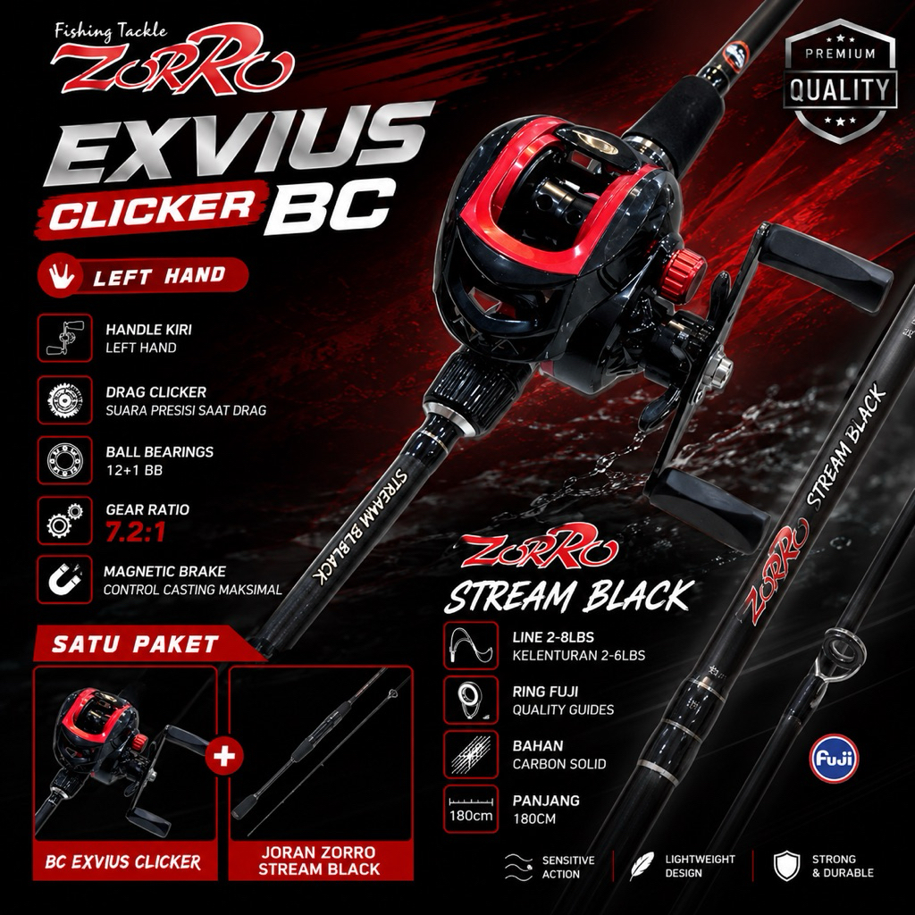 satu set bc joran zorro stream black fuji & reel bc exvius clicker red
