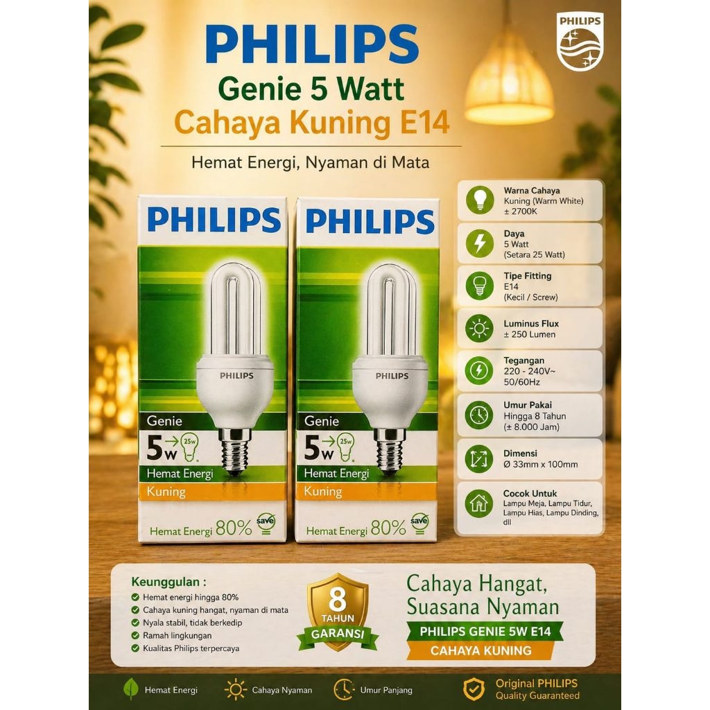 Lampu Philips | Genie 5 Watt Cahaya Kuning | Warm White E14 [ Fiting Kecil ]