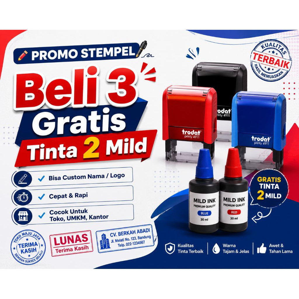 stempel Flash Paket Hemat 3 Stempel Otomatis Bonus Tinta