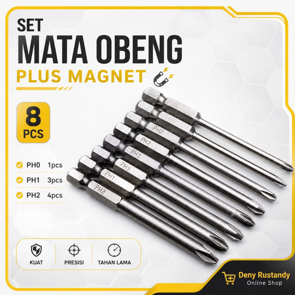 Mata bor Obeng plus Magnet Magnetic 75mm 8pcs PH1 PH2 Anti Slip