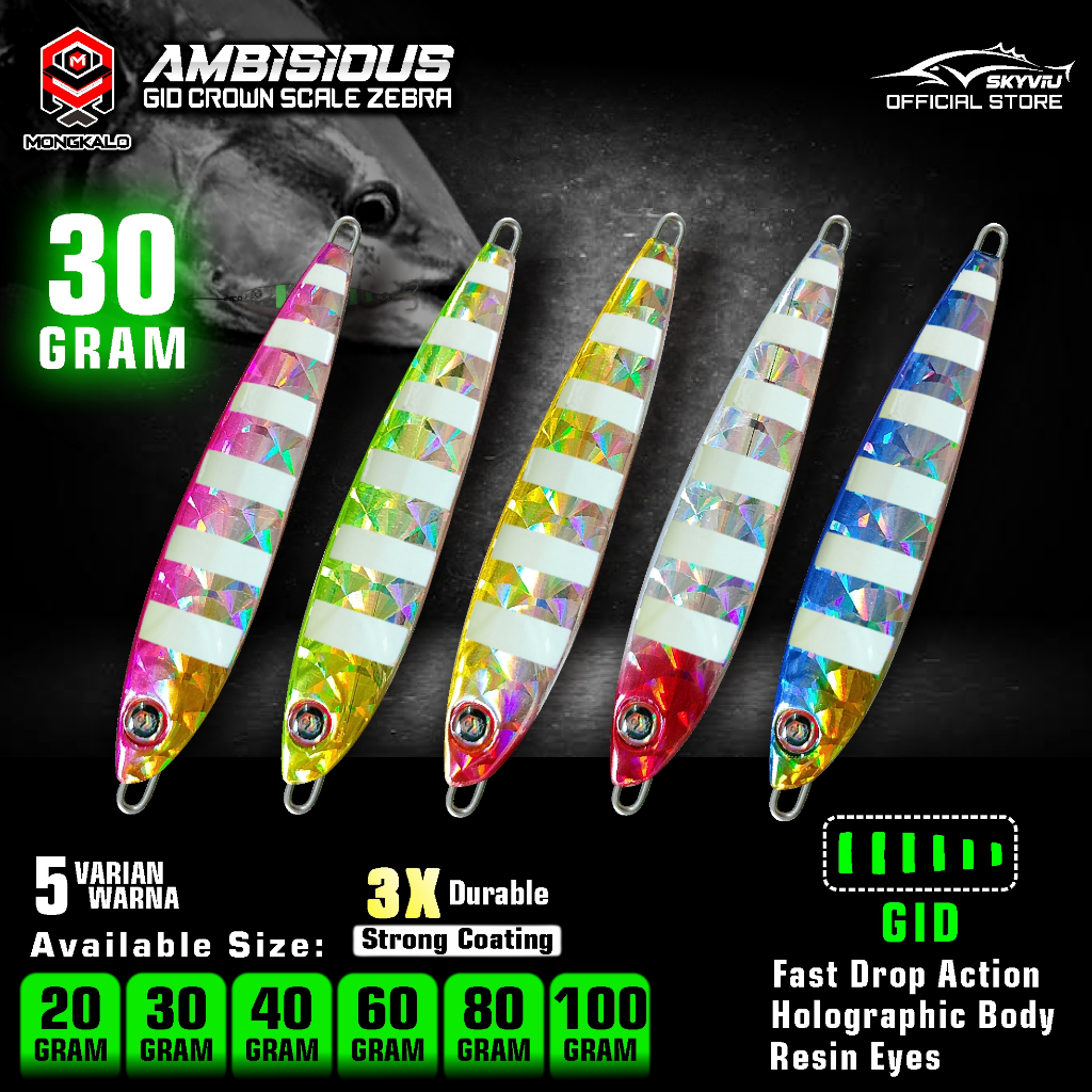Umpan Metal Jig 30 Gram MONGKALO AMBISIOUS GID Zebra  Hologram Kipas Umpan Pancing Laut 30g Menyala 