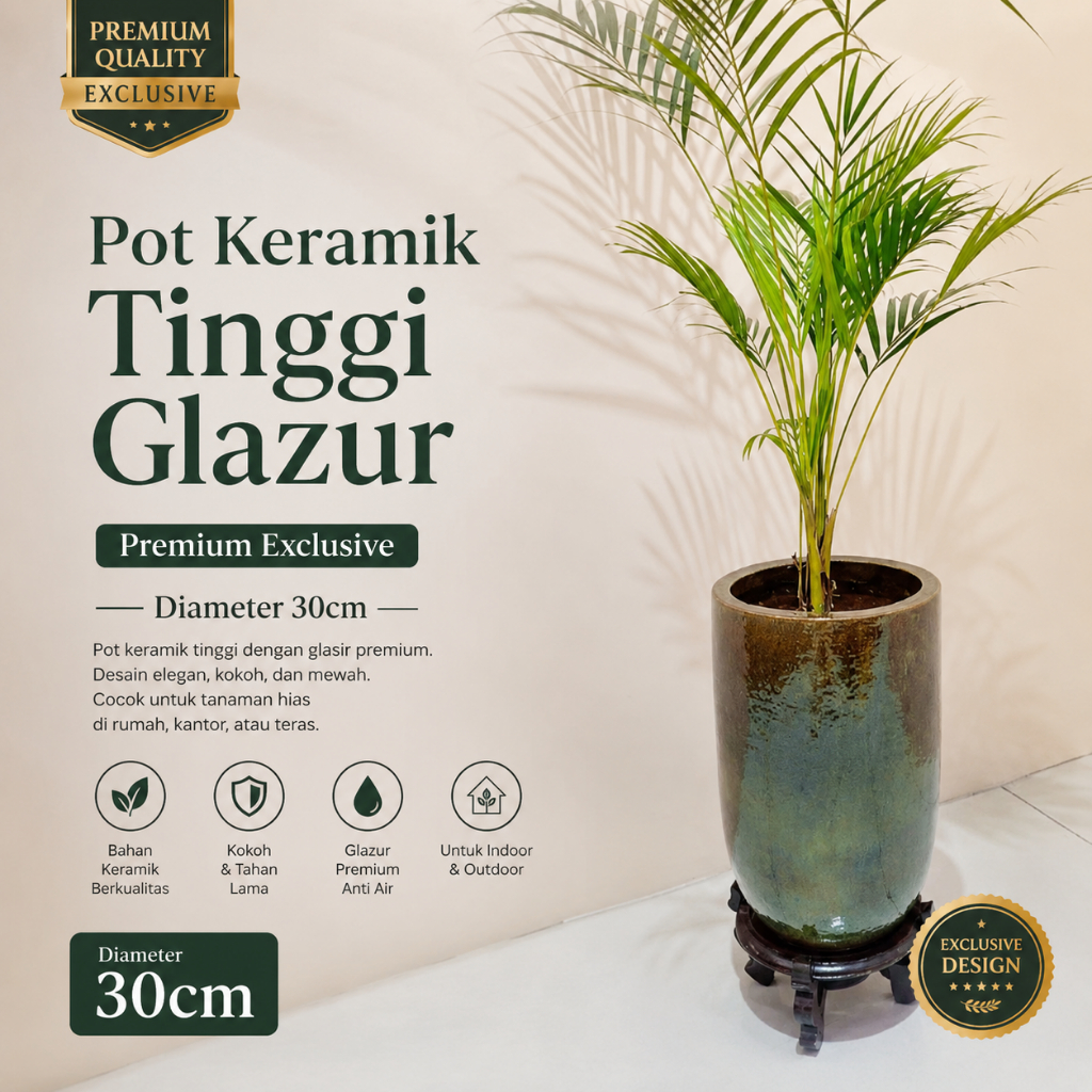 Pot Gentong Tinggi Keramik Glazur Hijau Diameter 30cm