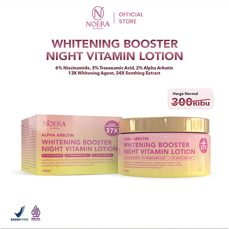Noera Body Essence Night Vitamin Lotion 250ml, untuk Memutihkan Wajah dan Tubuh, Bersertifikat Halal