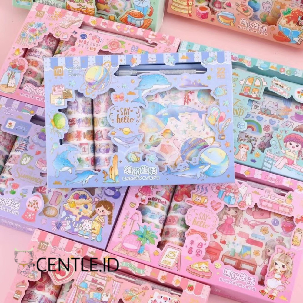 Paket Stickers YD-SZKD dengan washi tape selotip gambar dan pisau pemotong stiker kado unik waran pa