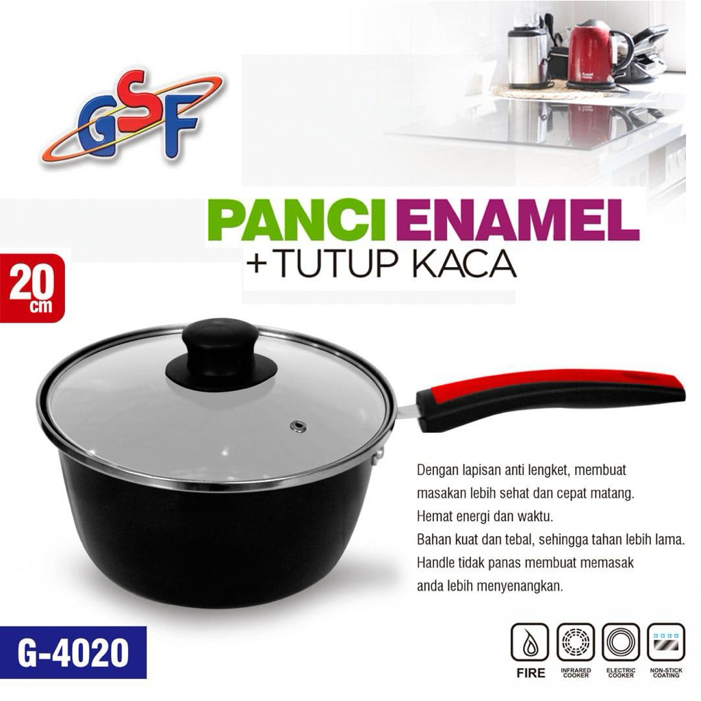 GSF Panci Susu Enamel 18cm 4018 tutup Kaca
