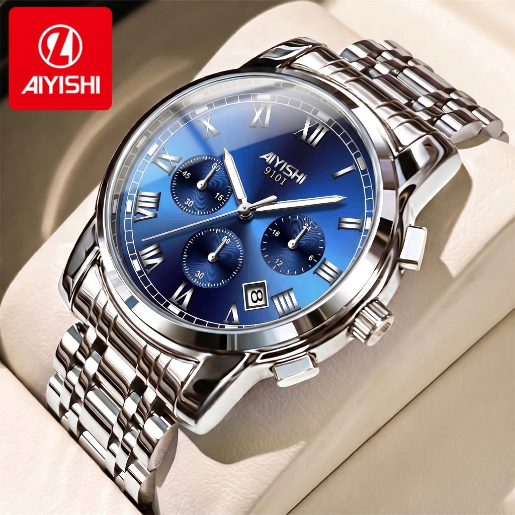AIYISHI Jam Tangan Pria Anti Air Original Stainless Steel Chrono Aktif Cowok Luminous Kalender Analo