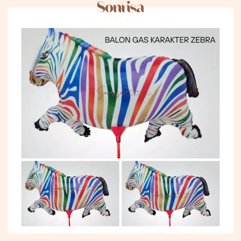 SONRISA - BALON KARAKTER GAS ZEBRA / BALON PLASTIK ZEBRA RAINBOW / BALON ZEBRA / BALON KUDA / BALON 