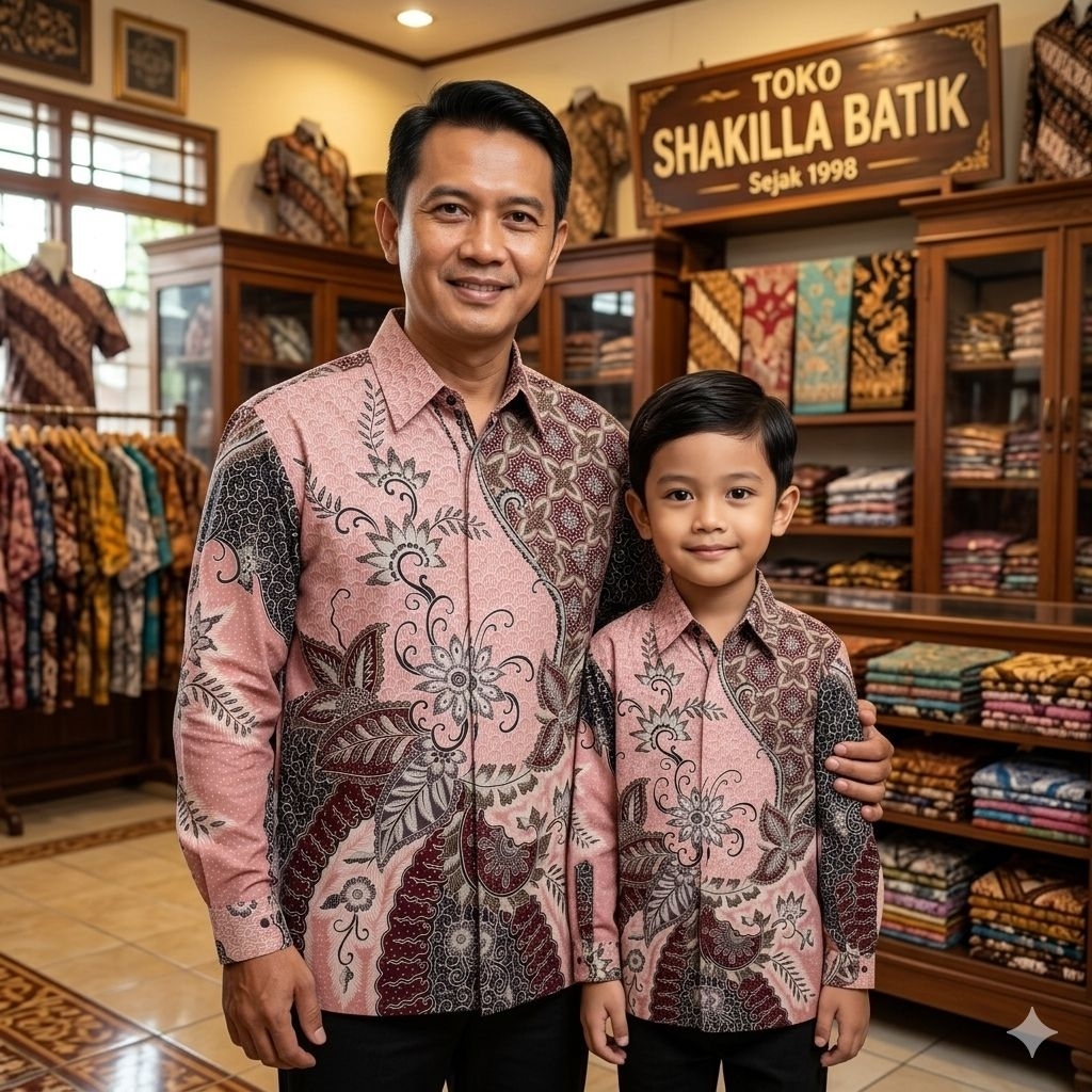 Batik Katun Premium Couple Ayah Anak Lengan Panjang Warna Dusty Pink