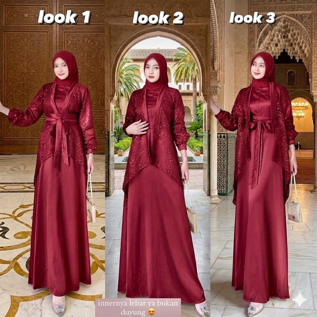 GAMIS FUJI 3 IN 1 INNER DAN OUTER / GAMIS SATIN VELVET KOMBI BRUKAT TILE MUTIARA / GAMIS WANITA MEWA
