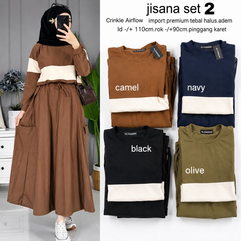 ONE SET JISANA SET WANITA KOMBINASI ROK CARGO TERBARU SETELAN ROK CARGO DAN ATASAN LENGAN PANJANG SE