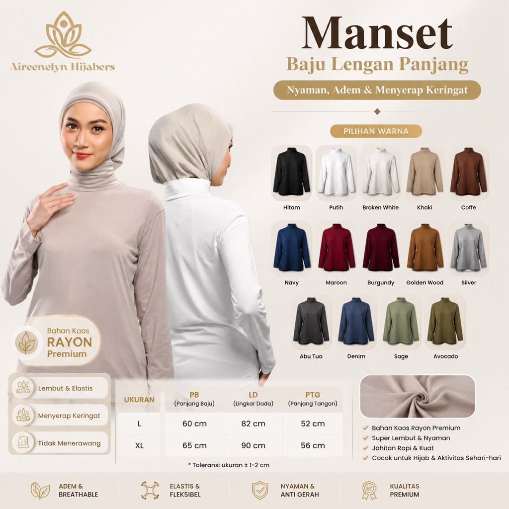 Manset Baju Lengan Panjang Turtleneck | Inner Longsleeve Kaos Rayon Premium | Manset Dalaman Wanita