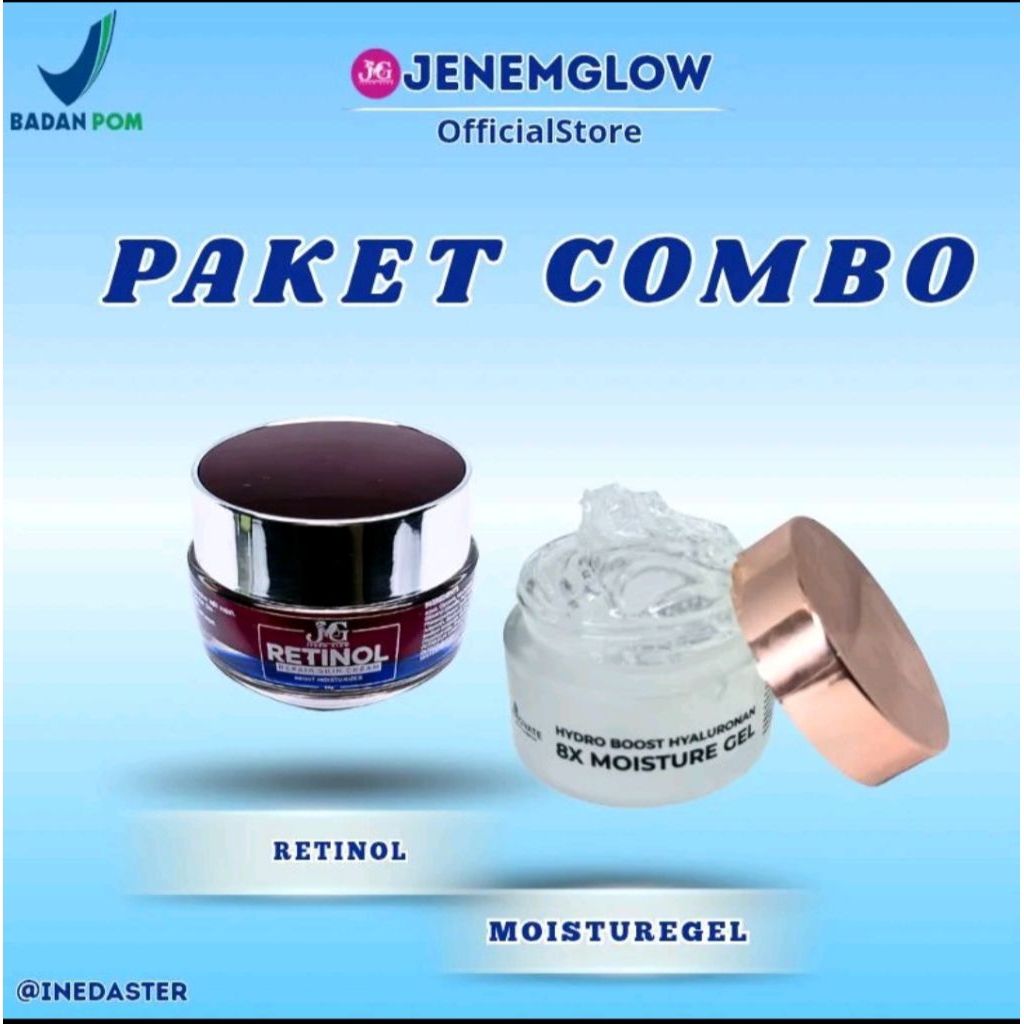 PAKET COMBO GLOWING JENEM GLOW RETINOL REPAIR SKIN CREAM 10GR MOISTURE HYDRO BOOST GEL 30GR JENOVATE