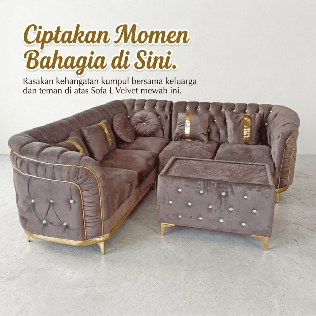 Sofa L Mewah Velvet Chesterfield Aksen Gold Premium Royalhadi Furniture