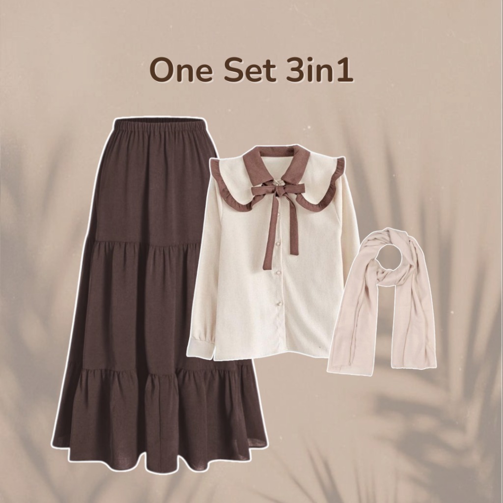 One Set Remaja Wanita 3 in 1 | Blouse Sailor + Rok Susun