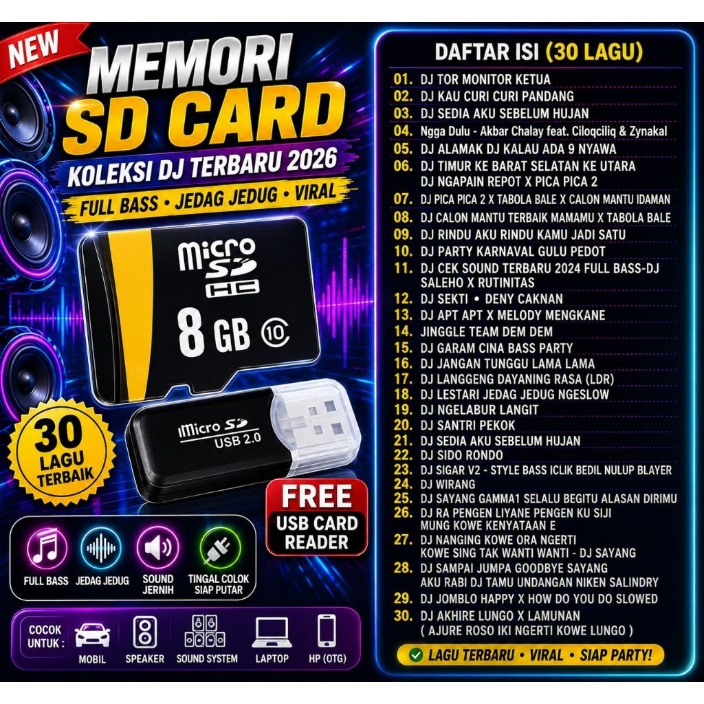 MEMORI SD CARD 8GB ISI 30 LAGU DJ FULL BASS FREE USB CARD READER