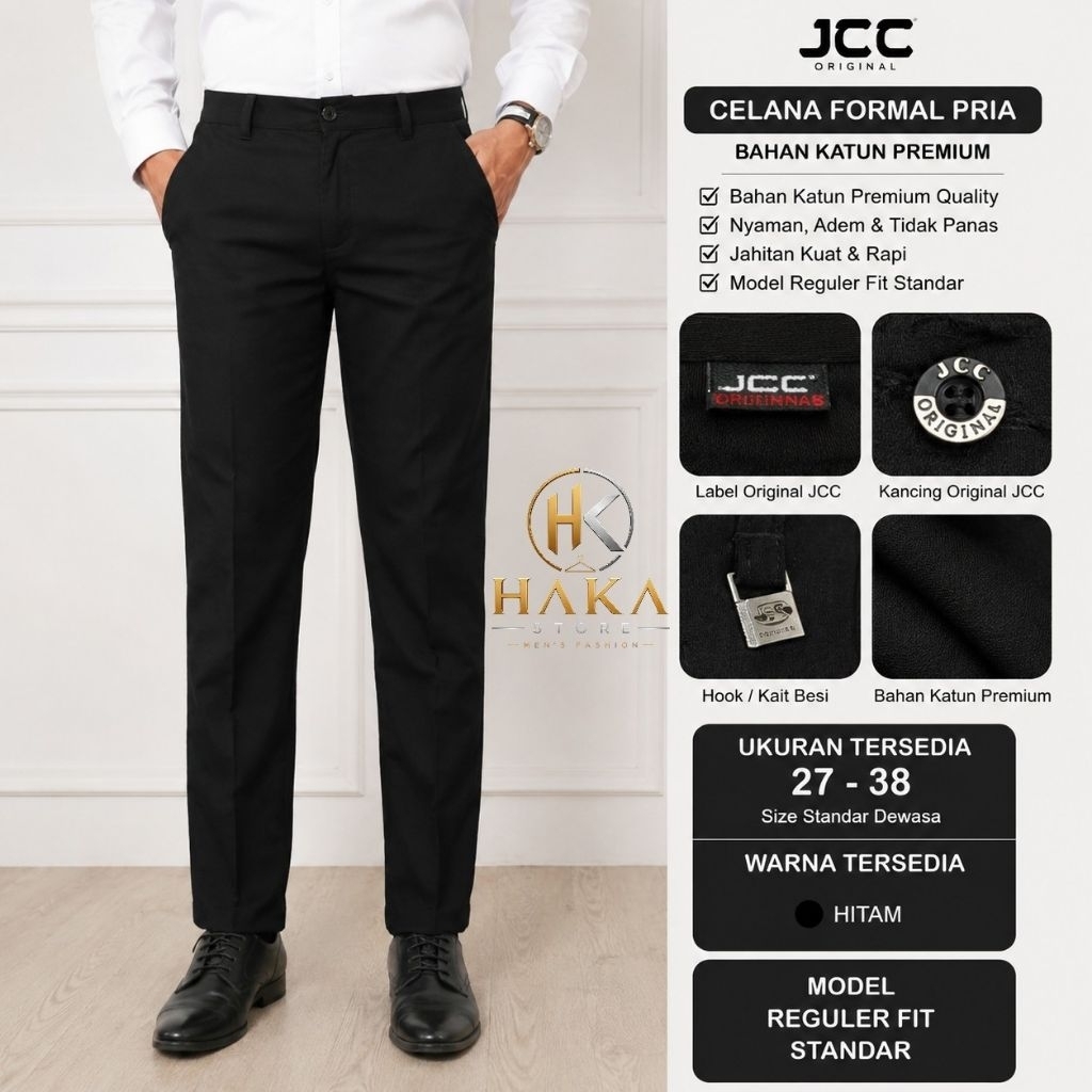Celana Panjang Formal Pria Original Merk JCC Bahan Katun Dasar Hitam Reguler Fit Standar Size 27-38 
